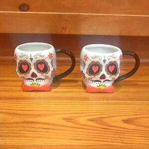 2 Day of the Dead Sugar Skull Ceramic 4" Coffee Mugs Blue Sky Clayworks